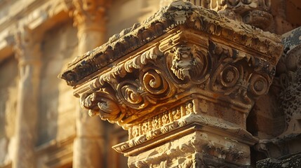 Ornate stone column with classical details, showcasing intricate carvings and timeless architectural beauty in warm sunlight.
