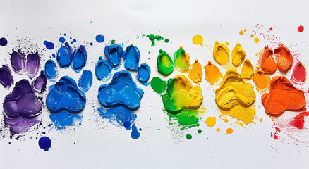 A colorful paw print is painted on a white background. The paw prints are in different colors, creating a rainbow effect. Concept of creativity. puppy paw prints of rainbow paint on a white canvas