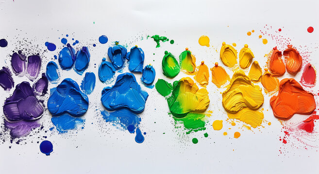 A colorful paw print is painted on a white background. The paw prints are in different colors, creating a rainbow effect. Concept of creativity. puppy paw prints of rainbow paint on a white canvas
