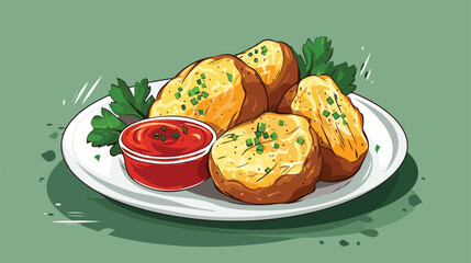 Plate with tasty baked potato and sauce on color background