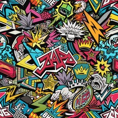 Obraz premium Seamless pattern of graffiti collage compositions combining various elements and styles, Generative AI