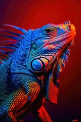 Obraz premium Iguana in Neon Light: Vibrant Studio Portrait of an Exotic Reptile with Bold Contrasts and Dramatic Lighting