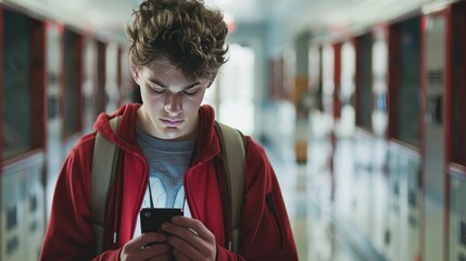 Teenage Boy Texting in School Hallway: Focused Student Using Cellphone in Red Hoodie, Connected and Engaged in Modern Communication