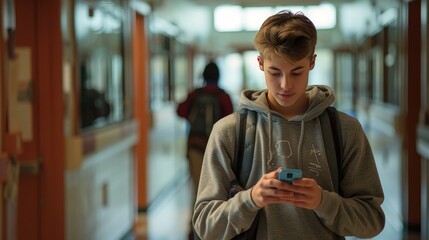 Teenage Boy Texting in School Hallway: Focused Student Using Cellphone in Red Hoodie, Connected and Engaged in Modern Communication