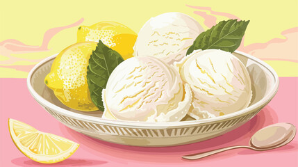 Plate with tasty ice creams in lemon peels on color b