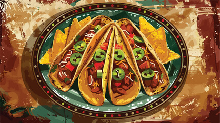 Plate with tasty tacos and nachos on grunge background