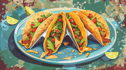 Plate with tasty tacos and nachos on grunge background