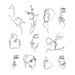 Continuous line drawing, woman abstract portraits, face of girl is single line on white background,  Vector illustration. Tattoo, print and logo design for spa beauty salon. Line art.