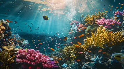 Naklejka premium A captivating photograph of a colorful coral reef teeming with marine life.