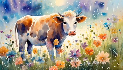 Cute cow grazing in the floral field. Watercolor illustration 