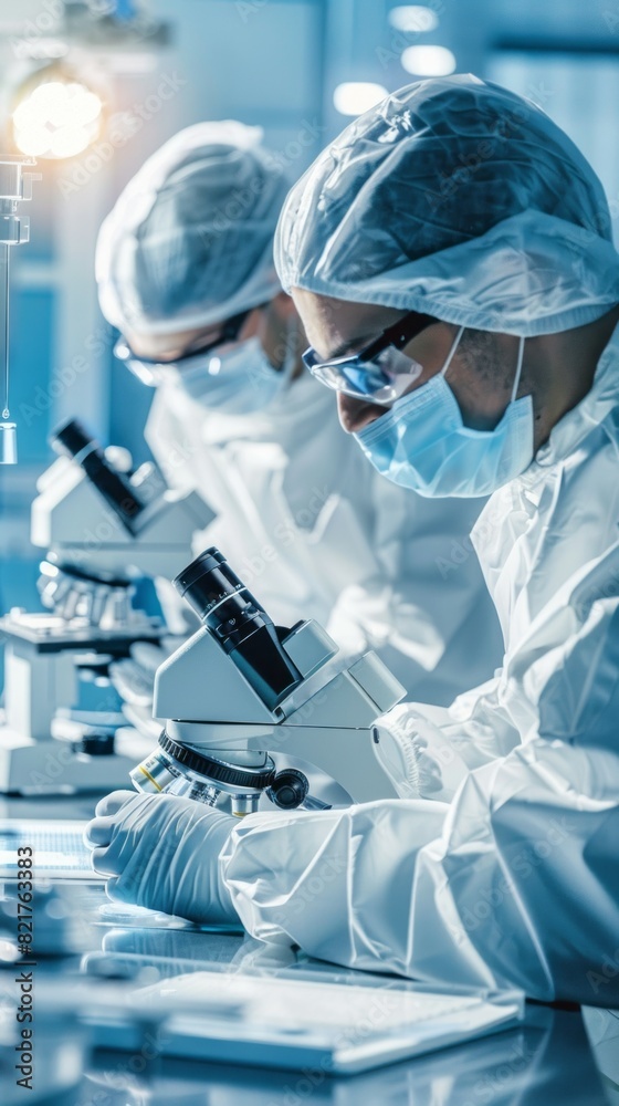 Poster Two scientists in white lab coats are working on a microscope