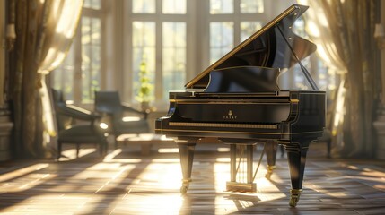 Grand piano sitting in a sunlit room its polished ebony finish gleaming under the soft glow of...