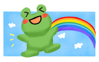 虹が出て大喜びの蛙