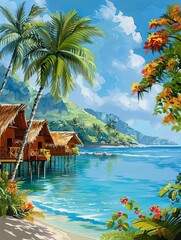 A painting featuring a tropical beach with palm trees, beachfront bungalows, and an azure sea.