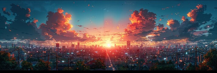 anime aesthetic background, city skyline, pink and blue sky with clouds, light purple sky.