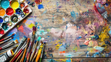 Art Supplies colorful array of art supplies scattered on a wooden table, including paintbrushes, tubes of paint, palettes, and sketchbooks, ready to inspire