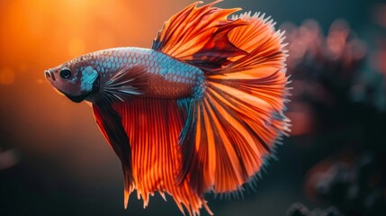 Fototapeta premium Siamese fighting fish with vibrant fins and iridescent scales in close-up