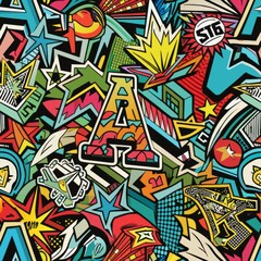 Seamless pattern of graffiti collage compositions combining various elements and styles, Generative AI