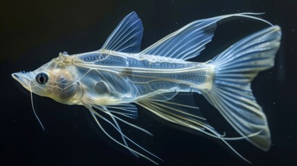 Unique Glass Catfish with transparent body swimming