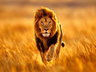 A powerful lion strides confidently through sunlit, golden grasslands, embodying strength and...