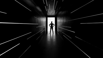 Man getting out of dark tunnel toward light, Dark tunnel with bright light at the end or success, faith, future or hope to new opportunity or freedom.