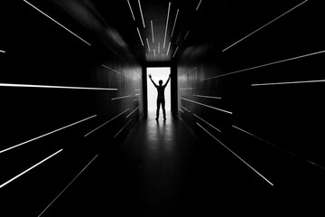 Man getting out of dark tunnel toward light, Dark tunnel with bright light at the end or success,...