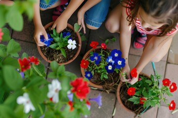 two young Caucasian girls engage in gardening, planting colorful flowers in pots on a tiled patio.