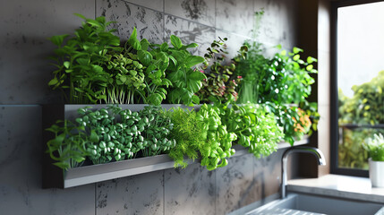 Compact herb garden flat design side view contemporary kitchen 3D render Tetradic color scheme