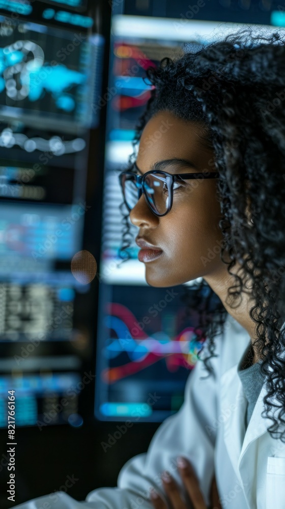 Poster a woman wearing glasses is looking at a computer screen with multiple monitors