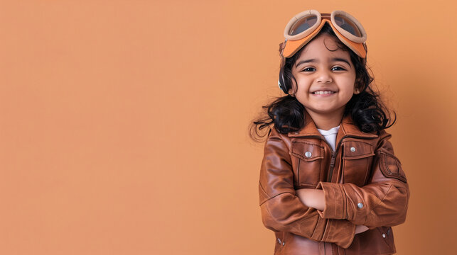 A cute happy smiling young Indian girl dresses like a pilot wearing aviator hat, ear muff and goggles on a plain orange background with copy space for text.