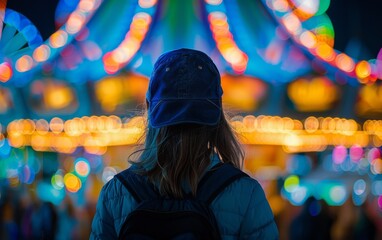 Fototapeta premium An adult Baltic person standing in front of a colorful carnival ride at a theme park