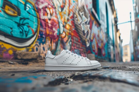 White sneaker displayed against vibrant graffiti wall in urban alleyway during daytime