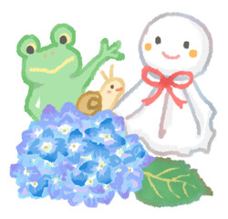 てるてる坊主とカエルが紫陽花の上に乗っているカタツムリと挨拶をしているイラスト