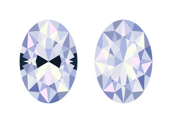 Oval cut diamond with and without bow tie effect. Flat vector illustration