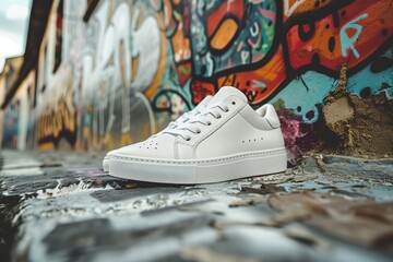 White sneaker displayed against vibrant graffiti wall in urban alleyway during daytime
