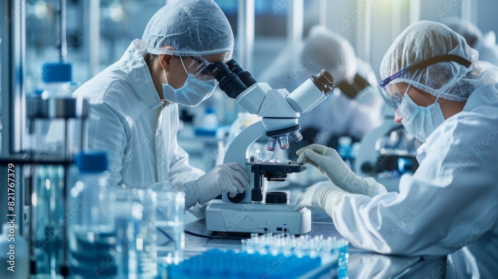 Poster a group of scientists are working in a lab, wearing white lab coats and gloves