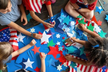 Overhead view of diverse children's hands making patriotic crafts, including stars and stripes decorations. 4th of July, american independence day, memorial day concept
