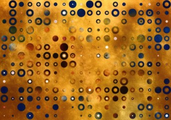 Colorful abstract pattern, from circles and rings different sizes on yellow background, textured.
