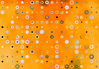 Colorful abstract pattern, from circles and rings different sizes on yellow background, textured.
