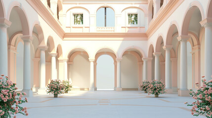 Un palacio espa?+/-ol en 3D con grandes arcos y un patio central, rodeado de paredes de un sutil rosa pastel, sobre fondo blanco.