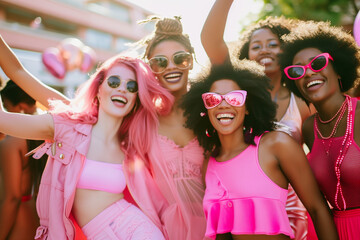 Friends dressed in pink outfits showcasing their style and enthusiasm