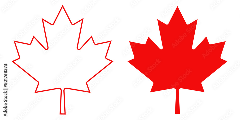 Wall mural outline and silhouette of a red maple leaf, isolated on a transparent background. original red maple