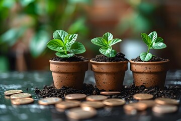 Financial Growth and Sustainability Concept: Three Seedlings in Pots with Coins on Soil