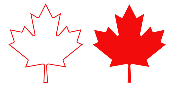 Outline and silhouette of a red maple leaf, isolated on a transparent background. Original red maple leaf from the Canadian flag. Vector illustration