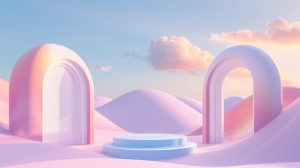 A 3D render of an abstract surreal pastel landscape background featuring elegant arches and a minimalist podium for showcasing products.