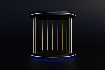 Black cylindrical podium. Black background. Blue neon for fashion shelf advertising. 3D illustration