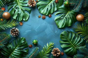 Creative flat lay of holiday decorations with tropical leaves and festive ornaments for seasonal marketing and event planning.