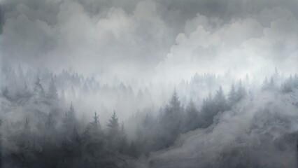 Mysterious misty forest with mountains in the background gray color scheme.