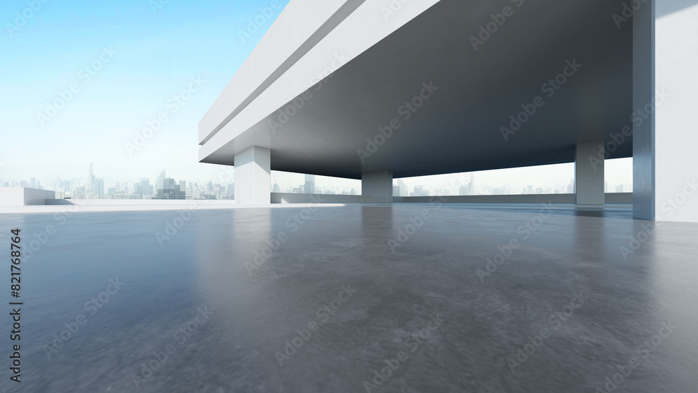 Aufkleber 3d render of abstract modern architecture with empty concrete floor and city skyline background, car