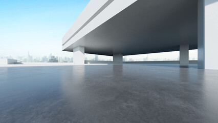  3d render of abstract modern architecture with empty concrete floor and city skyline background, car presentation background.